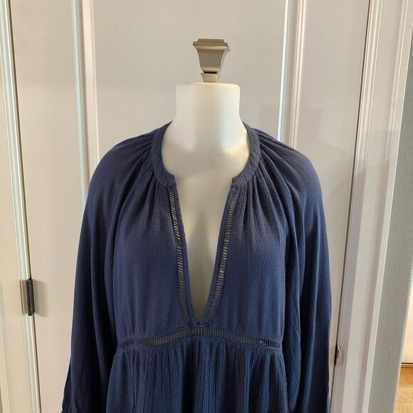 Free People Blue Go Lightly Swing Dress V Neck 3/4 Sleeve Boho-Size Small - Picture 4 of 16